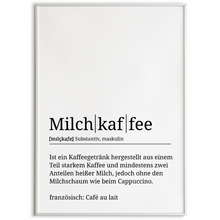Laden Sie das Bild in den Galerie-Viewer, Milchkaffee Poster Definition - Kaffee Wandbild Barista Küche Wanddeko Kaffeeliebhaber Geschenk