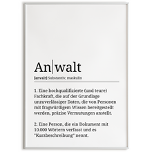 Laden Sie das Bild in den Galerie-Viewer, Anwalt Poster Definition Kunstdruck Wandbild Geschenk