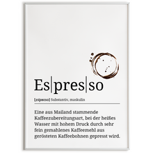 Laden Sie das Bild in den Galerie-Viewer, Espresso Poster Definition - Kaffee Wandbild Barista Küche Wanddeko