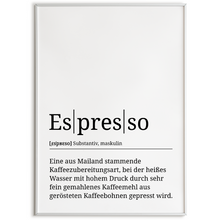 Laden Sie das Bild in den Galerie-Viewer, Espresso Poster Definition - Kaffee Wandbild Barista Küche Wanddeko Kaffeeliebhaber Geschenk