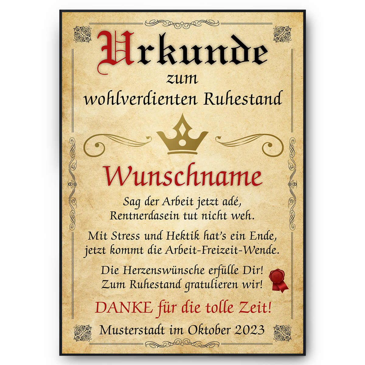 Personalisierte Urkunde zum Ruhestand