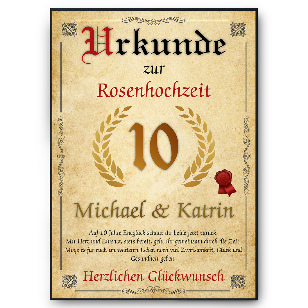 Personalisierte Urkunde zum 10. Hochzeitstag Geschenk Rosenhochzeit Karte 10. Jahrestag