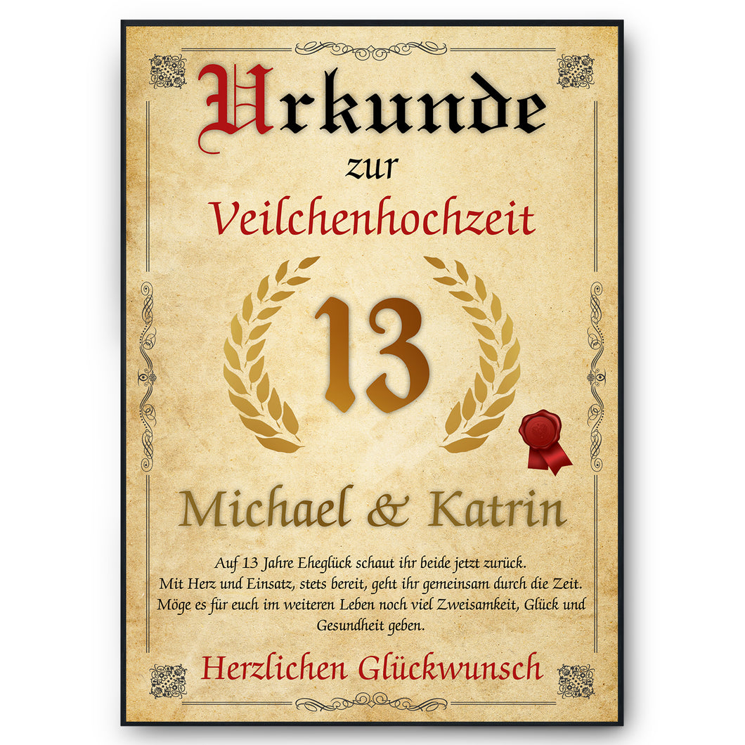 Personalisierte Urkunde zum 13. Hochzeitstag Geschenk Veilchenhochzeit Karte 13. Jahrestag