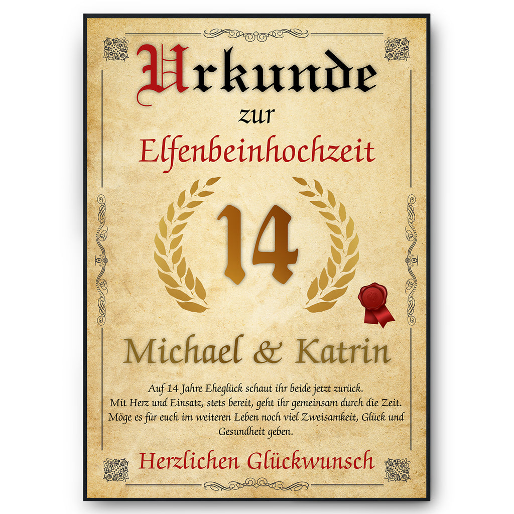 Urkunde zum 14. Hochzeitstag mit Namen – Elfenbeinhochzeit Geschenk, personalisiert