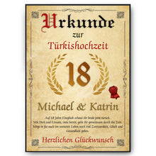 Laden Sie das Bild in den Galerie-Viewer, Personalisierte Urkunde zum 18. Hochzeitstag Geschenk Türkishochzeit Karte 18. Jahrestag
