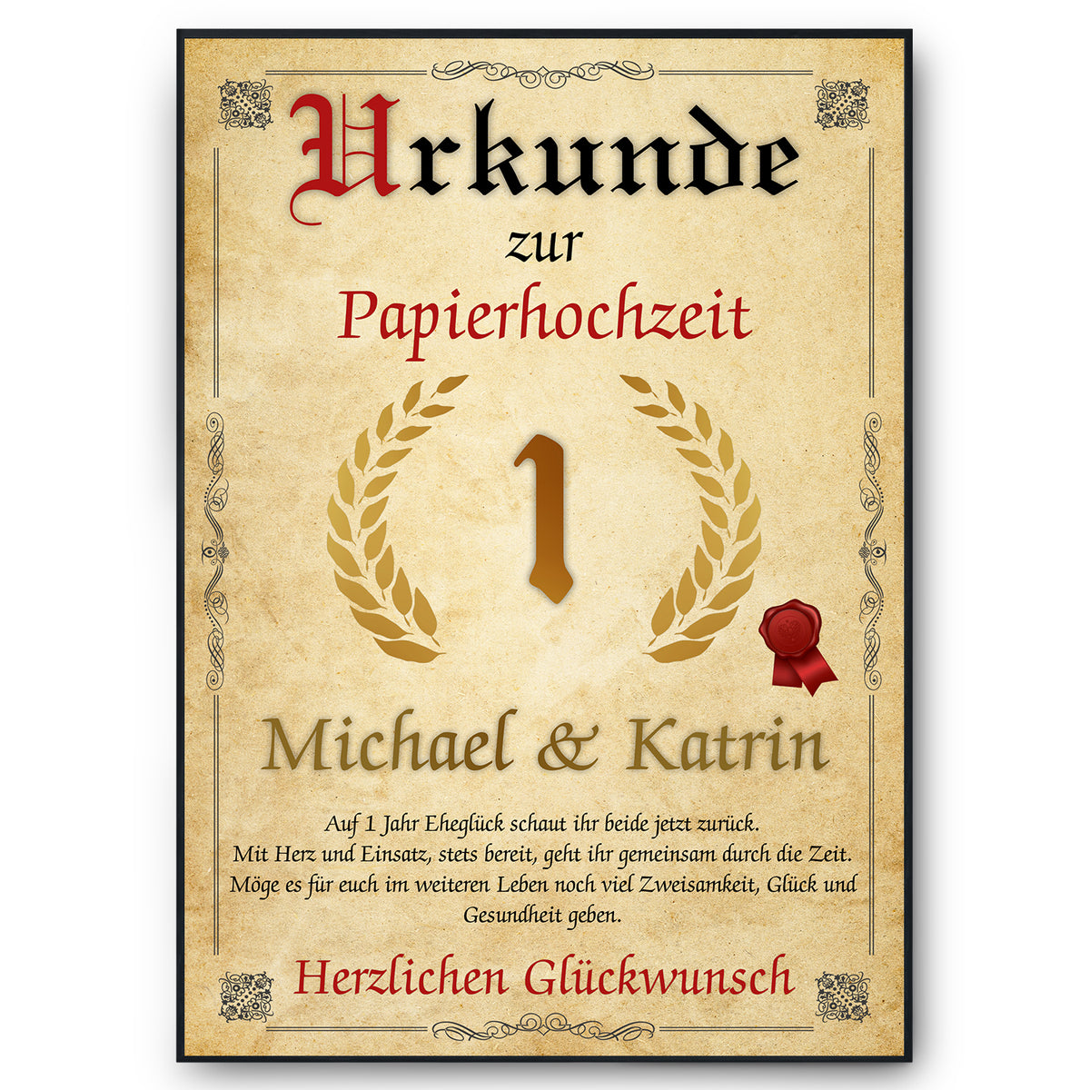 Urkunde zum 1. Hochzeitstag mit Namen – Papierhochzeit Geschenk, personalisiert