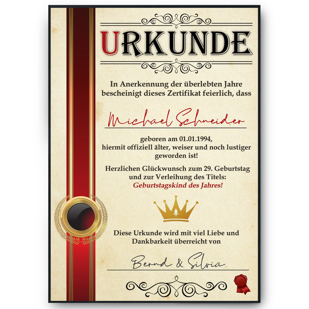 29. Geburtstag Geschenk personalisierte Urkunde | Jahrgang 1995 Geschenkidee