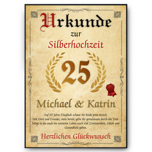 Personalisierte Urkunde zum 25. Hochzeitstag Geschenk Silberhochzeit Karte 25. Jahrestag