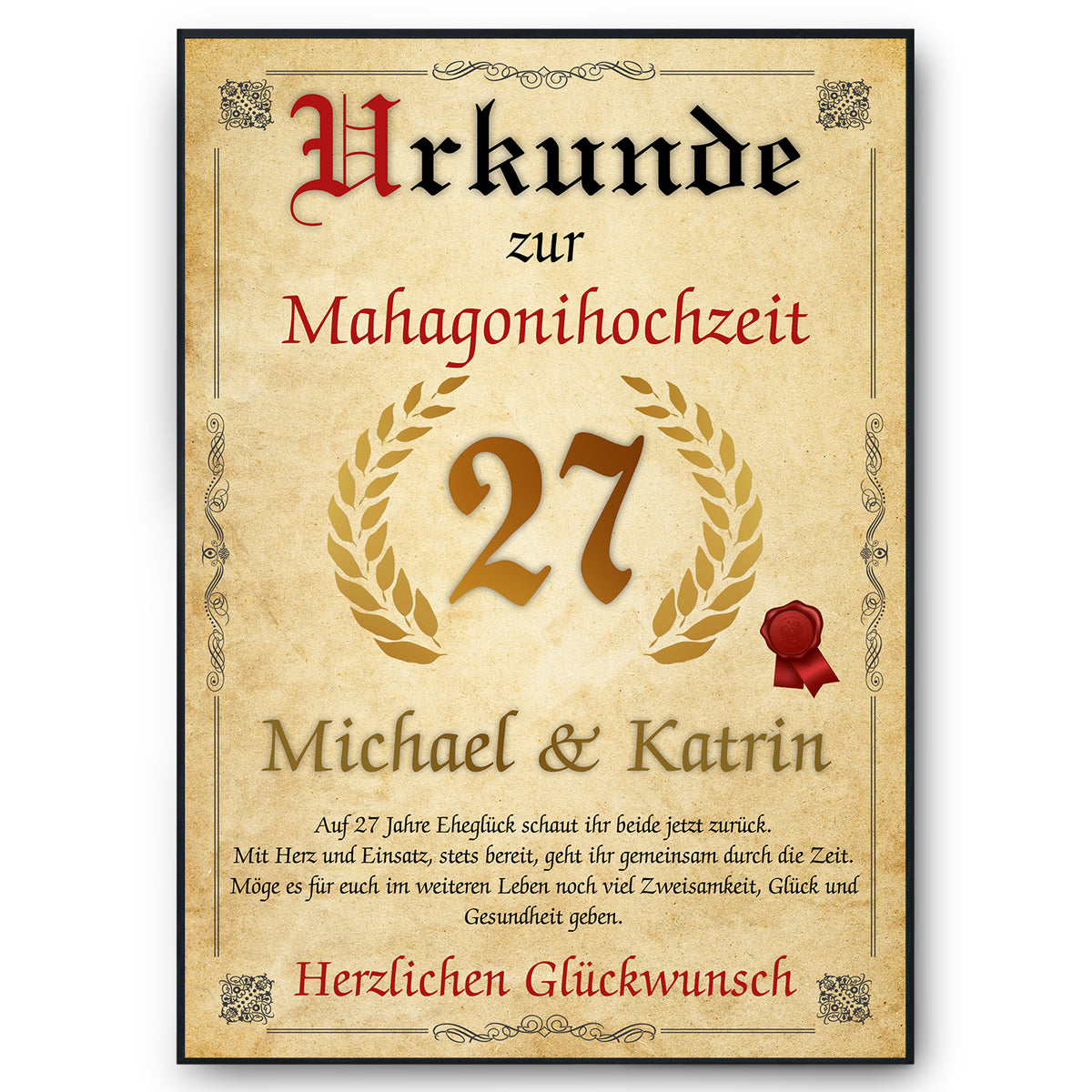 Urkunde zum 27. Hochzeitstag mit Namen – Mahagonihochzeit Geschenk, personalisiert