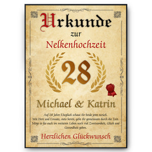 Personalisierte Urkunde zum 28. Hochzeitstag Geschenk Nelkenhochzeit Karte 28. Jahrestag
