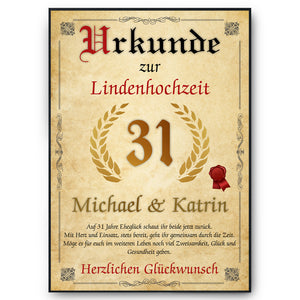 Personalisierte Urkunde zum 31. Hochzeitstag Geschenk Lindenhochzeit Karte 31. Jahrestag