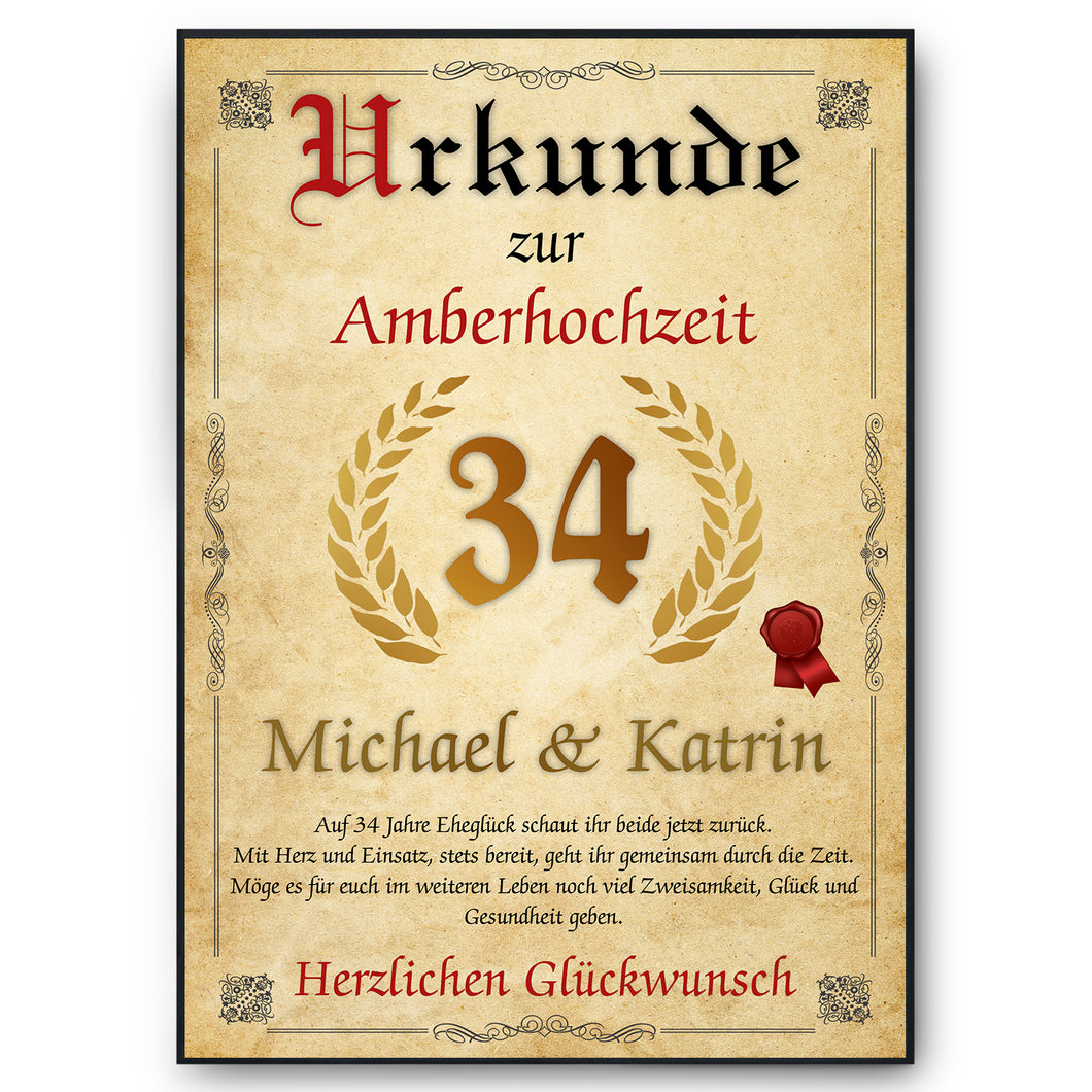 Personalisierte Urkunde zum 34. Hochzeitstag Geschenk Amberhochzeit Karte 34. Jahrestag