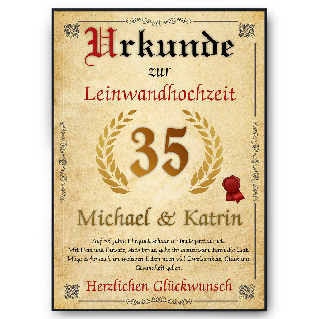 Urkunde zum 35. Hochzeitstag mit Namen – Leinwandhochzeit Geschenk, personalisiert