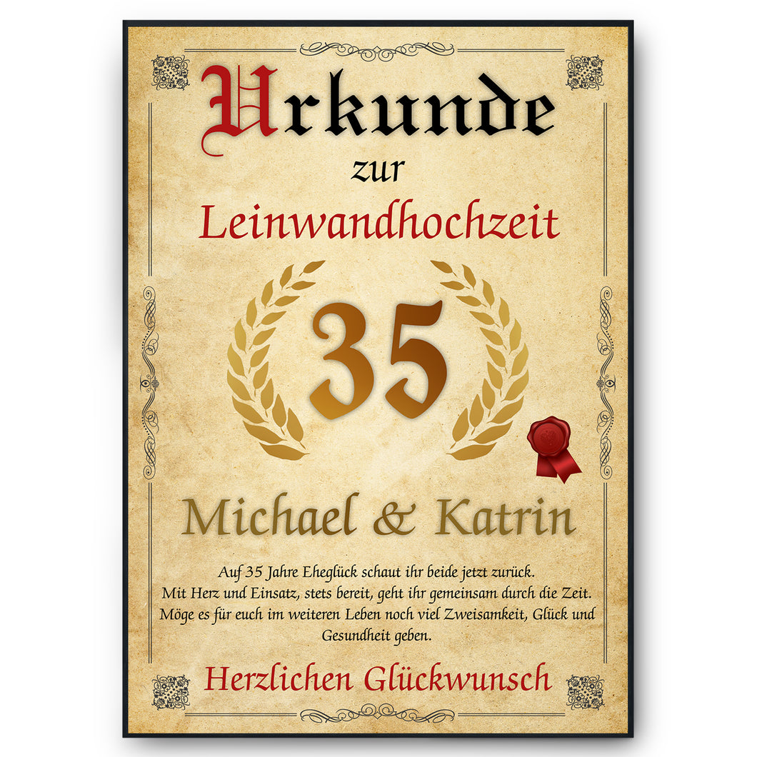 Personalisierte Urkunde zum 35. Hochzeitstag Geschenk Leinwandhochzeit Karte 35. Jahrestag