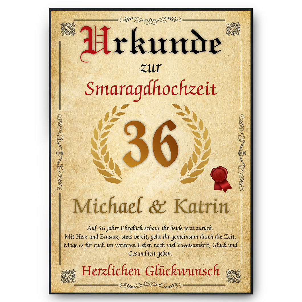 Personalisierte Urkunde zum 36. Hochzeitstag Geschenk Smaragdhochzeit Karte 36. Jahrestag