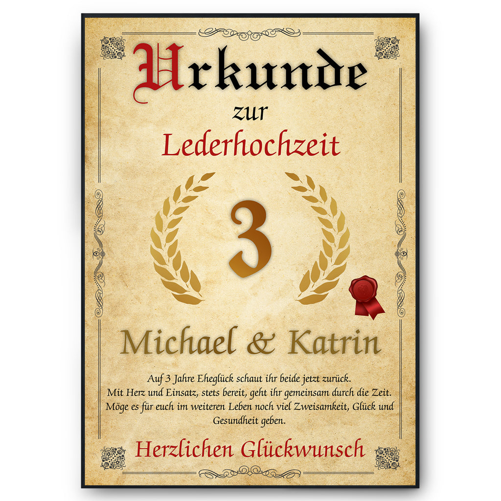 Urkunde zum 3. Hochzeitstag mit Namen – Lederhochzeit Geschenk, personalisiert