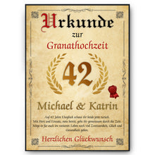 Laden Sie das Bild in den Galerie-Viewer, Personalisierte Urkunde zum 42. Hochzeitstag Geschenk Granathochzeit Karte 42. Jahrestag
