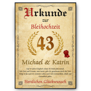 Personalisierte Urkunde zum 43. Hochzeitstag Geschenk Bleihochzeit Karte 43. Jahrestag