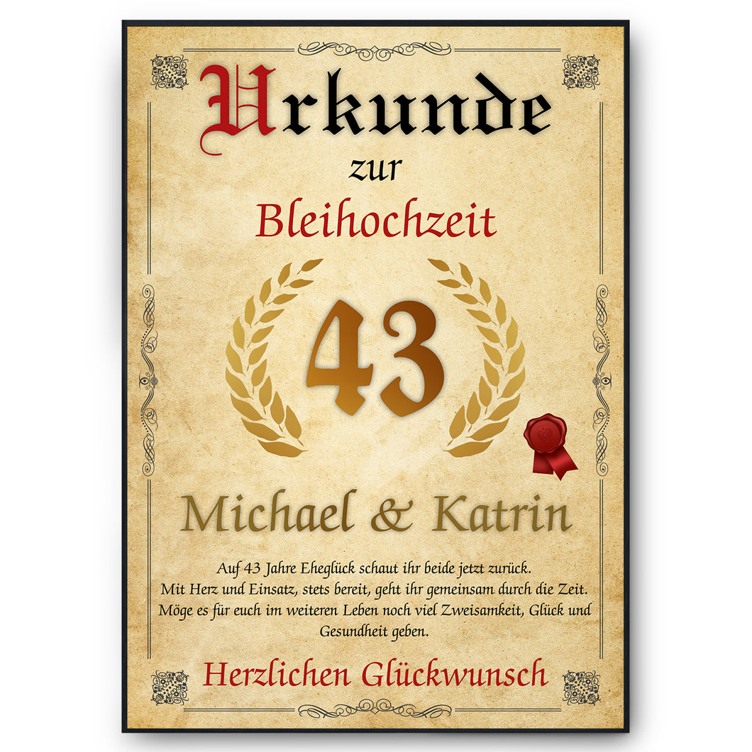Personalisierte Urkunde zum 43. Hochzeitstag Geschenk Bleihochzeit Karte 43. Jahrestag