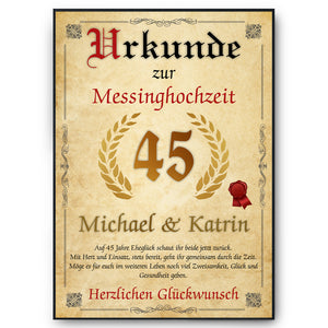 Personalisierte Urkunde zum 45. Hochzeitstag Geschenk Messinghochzeit Karte 45. Jahrestag