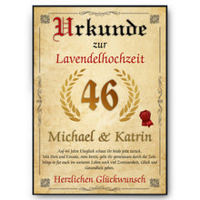 Laden Sie das Bild in den Galerie-Viewer, Personalisierte Urkunde zum 46. Hochzeitstag Geschenk Lavendelhochzeit Karte 46. Jahrestag

