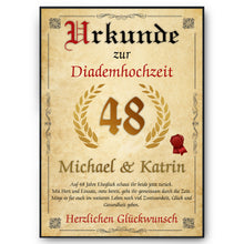 Laden Sie das Bild in den Galerie-Viewer, Personalisierte Urkunde zum 48. Hochzeitstag Geschenk Diademhochzeit Karte 48. Jahrestag
