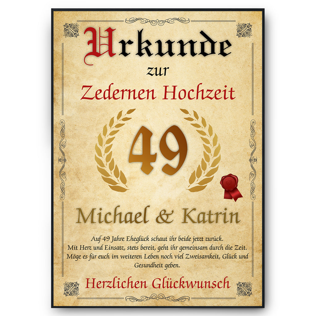 Urkunde zum 49. Hochzeitstag mit Namen – Zederne Hochzeit Geschenk, personalisiert