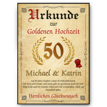 Laden Sie das Bild in den Galerie-Viewer, Personalisierte Urkunde zum 50. Hochzeitstag Geschenk Goldene Hochzeit Karte 50. Jahrestag
