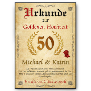 Personalisierte Urkunde zum 50. Hochzeitstag Geschenk Goldene Hochzeit Karte 50. Jahrestag