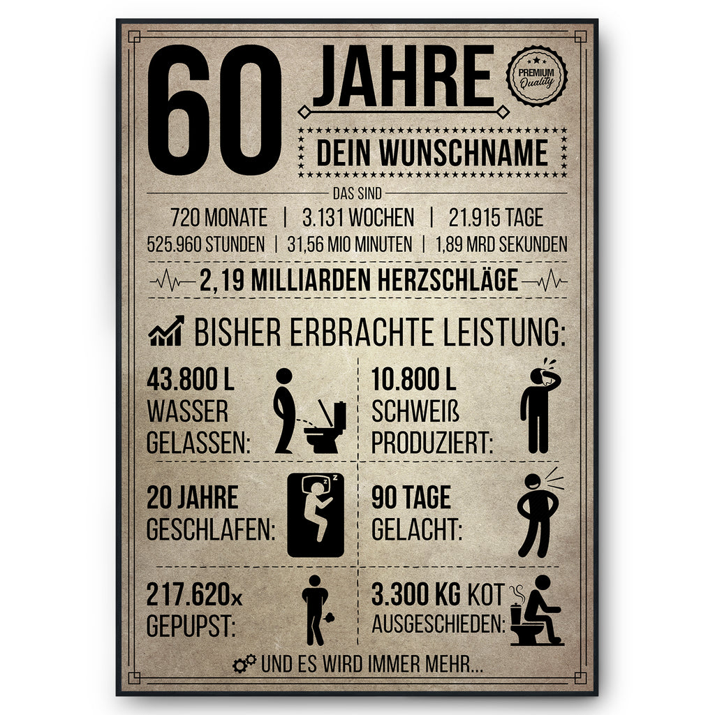 60 Jahre in Zahlen – lustiges Statistik Poster zum 60. Geburtstag, personalisiert mit Name