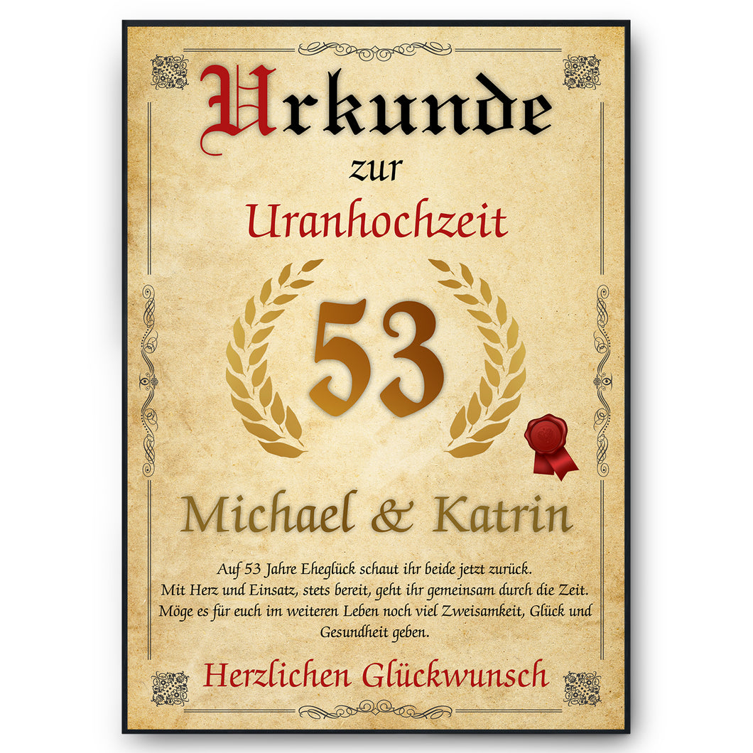 Personalisierte Urkunde zum 53. Hochzeitstag Geschenk Uranhochzeit Karte 53. Jahrestag