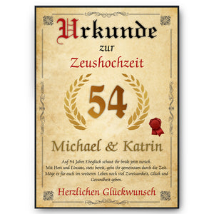 Personalisierte Urkunde zum 54. Hochzeitstag Geschenk Zeushochzeit Karte 54. Jahrestag