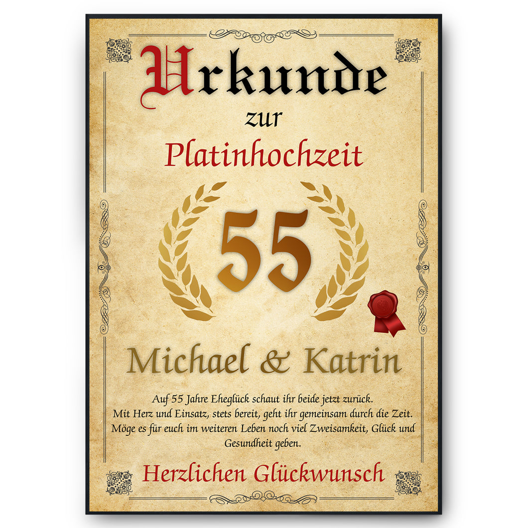 Personalisierte Urkunde zum 55. Hochzeitstag Geschenk Platinhochzeit Karte 55. Jahrestag