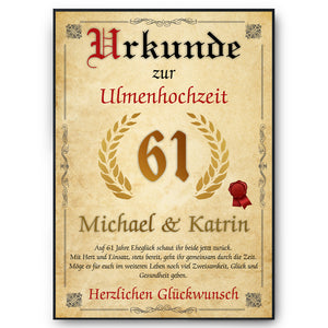 Personalisierte Urkunde zum 61. Hochzeitstag Geschenk Ulmenhochzeit Karte 61. Jahrestag
