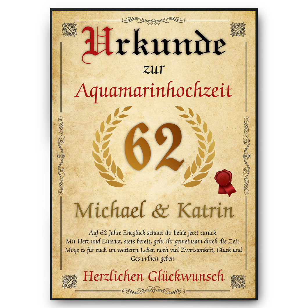Personalisierte Urkunde zum 62. Hochzeitstag Geschenk Aquamarinhochzeit Karte 62. Jahrestag