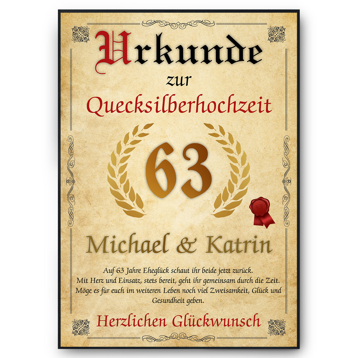 Urkunde zum 63. Hochzeitstag mit Namen – Quecksilberhochzeit Geschenk, personalisiert