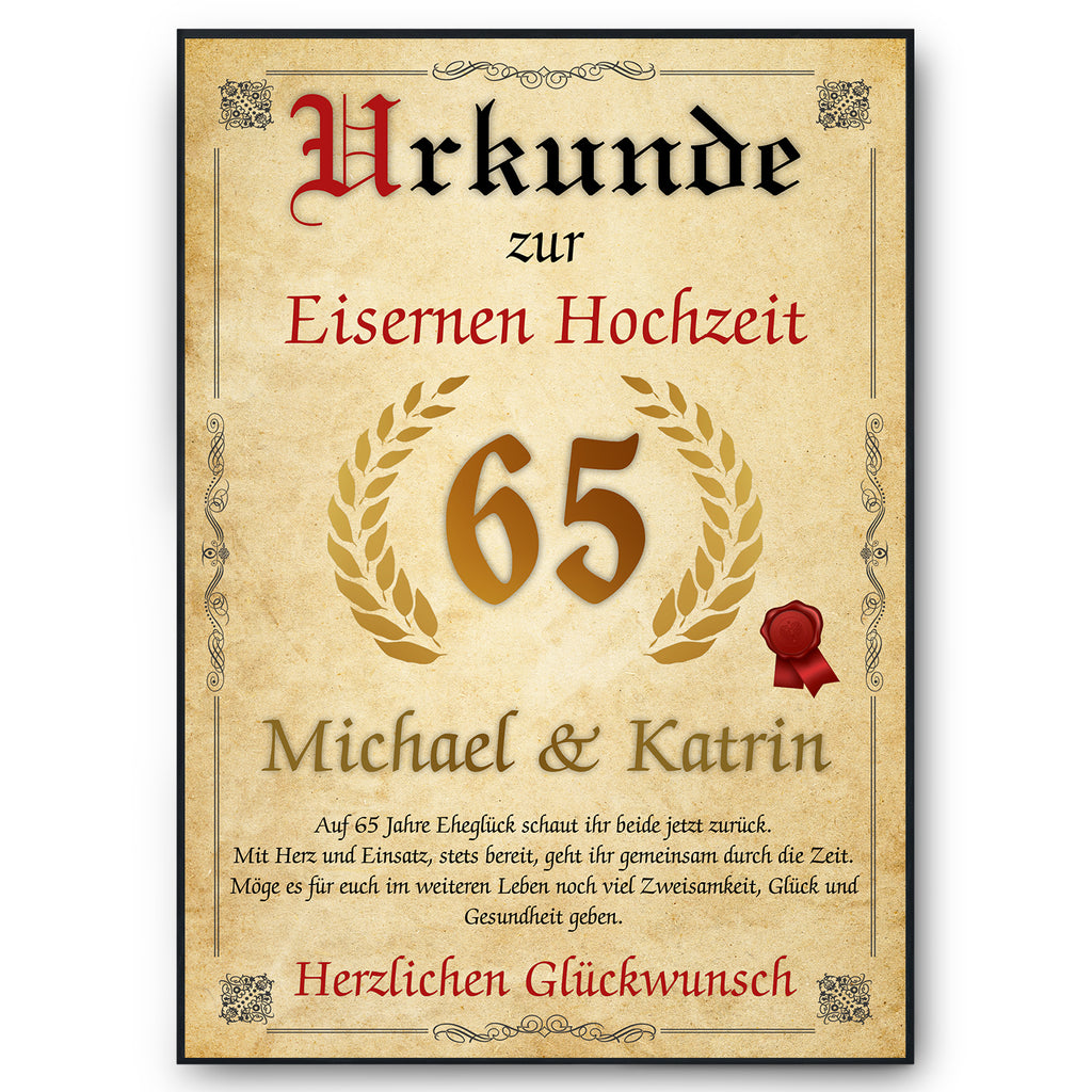 Urkunde zum 65. Hochzeitstag mit Namen – Eiserne Hochzeit Geschenk, personalisiert