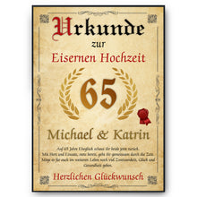 Laden Sie das Bild in den Galerie-Viewer, Personalisierte Urkunde zum 65. Hochzeitstag Geschenk Eiserne Hochzeit Karte 65. Jahrestag
