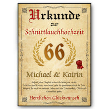 Laden Sie das Bild in den Galerie-Viewer, Personalisierte Urkunde zum 66. Hochzeitstag Geschenk Schnittlauchhochzeit Karte 66. Jahrestag
