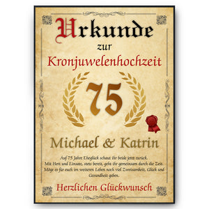 Personalisierte Urkunde zum 75. Hochzeitstag Geschenk Kronjuwelenhochzeit Karte 75. Jahrestag