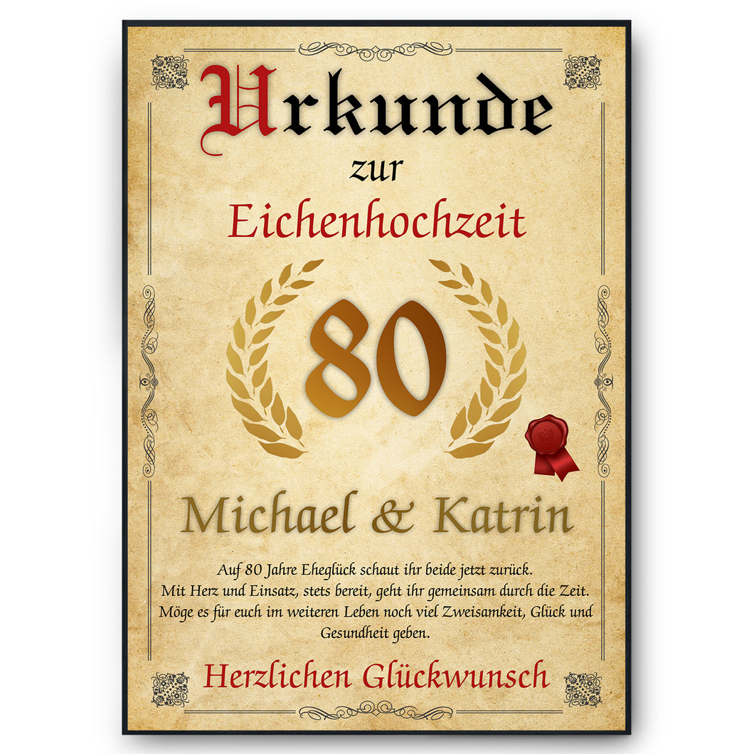 Personalisierte Urkunde zum 80. Hochzeitstag Geschenk Eichenhochzeit Karte 80. Jahrestag