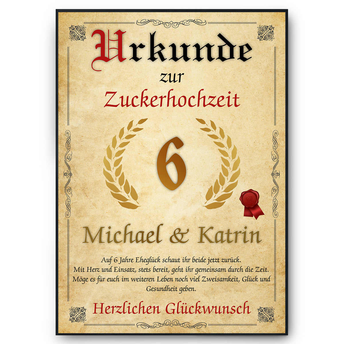 Urkunde zum 6. Hochzeitstag mit Namen – Zuckerhochzeit Geschenk, personalisiert