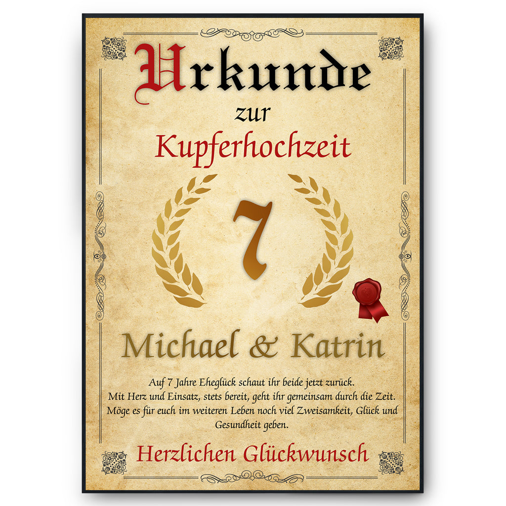 Urkunde zum 7. Hochzeitstag mit Namen – Kupferhochzeit Geschenk, personalisiert