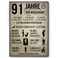 91 Jahre in Zahlen – lustiges Statistik Poster zum 91. Geburtstag, personalisiert mit Name