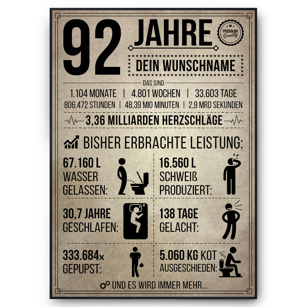 92 Jahre in Zahlen – lustiges Statistik Poster zum 92. Geburtstag, personalisiert mit Name
