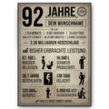 92 Jahre in Zahlen – lustiges Statistik Poster zum 92. Geburtstag, personalisiert mit Name