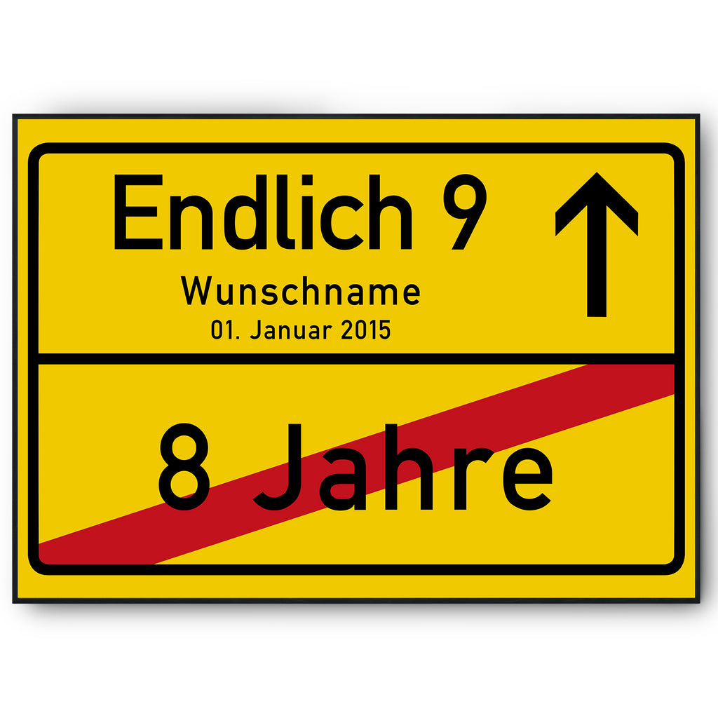 Ortsschild zum 9. Geburtstag – lustiges Poster, personalisiert mit Name und Datum, Jahrgang 2017