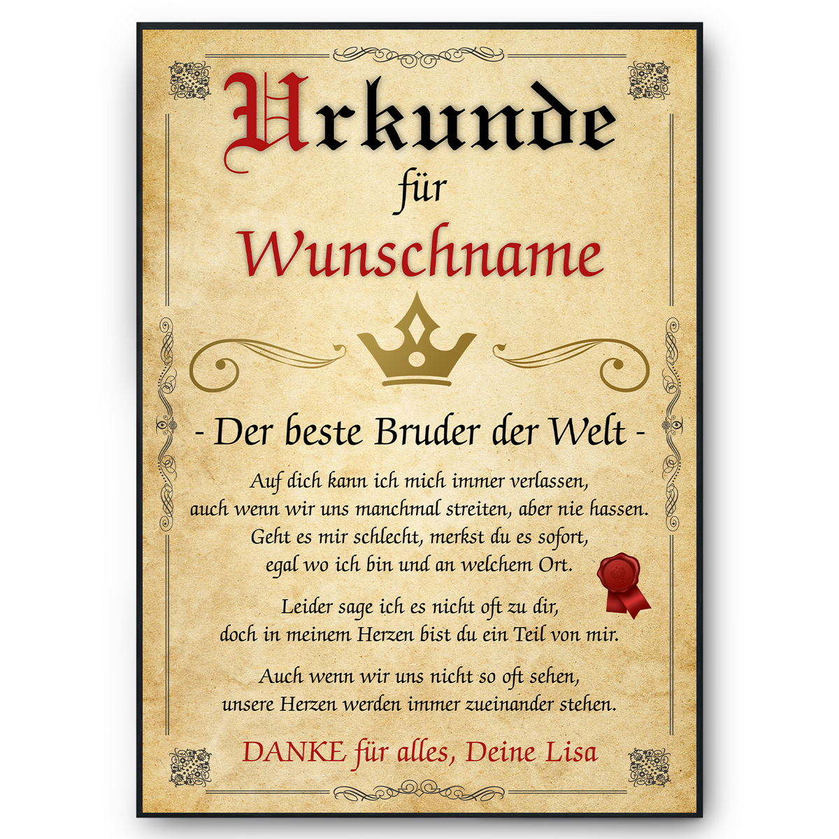 Bester Bruder Urkunde personalisiert Bruder persönliches Geschenk personalisierte Geschenkidee Bruder Geburtstag