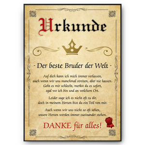 Bester Bruder Urkunde Geschenkidee Bild Bruder Geschenk von Schwester