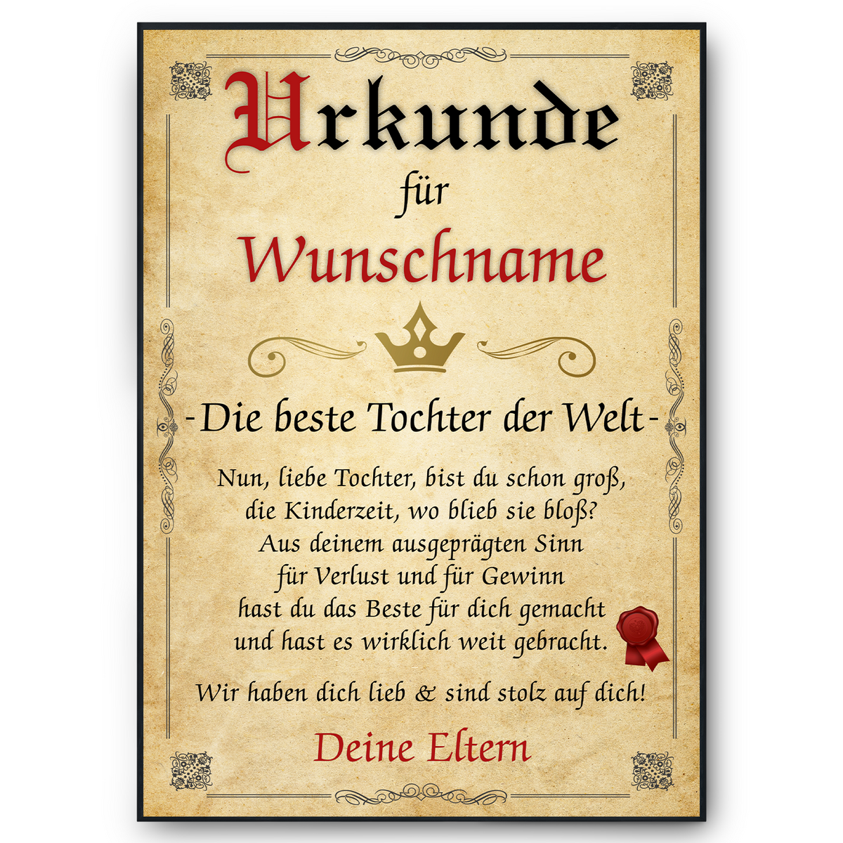 Beste Tochter Urkunde personalisiert persönliches Eltern Tochter Geschenk personalisierte Geschenkidee Tochter Geburtstag